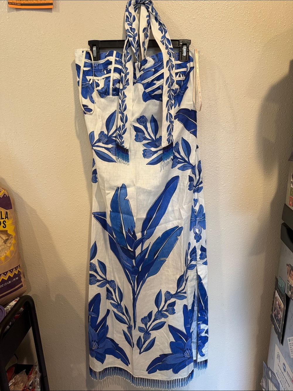 FARM Rio Halter Blue Yard Off-White Maxi Dress with Beaded Fringe - Picture 3 of 15